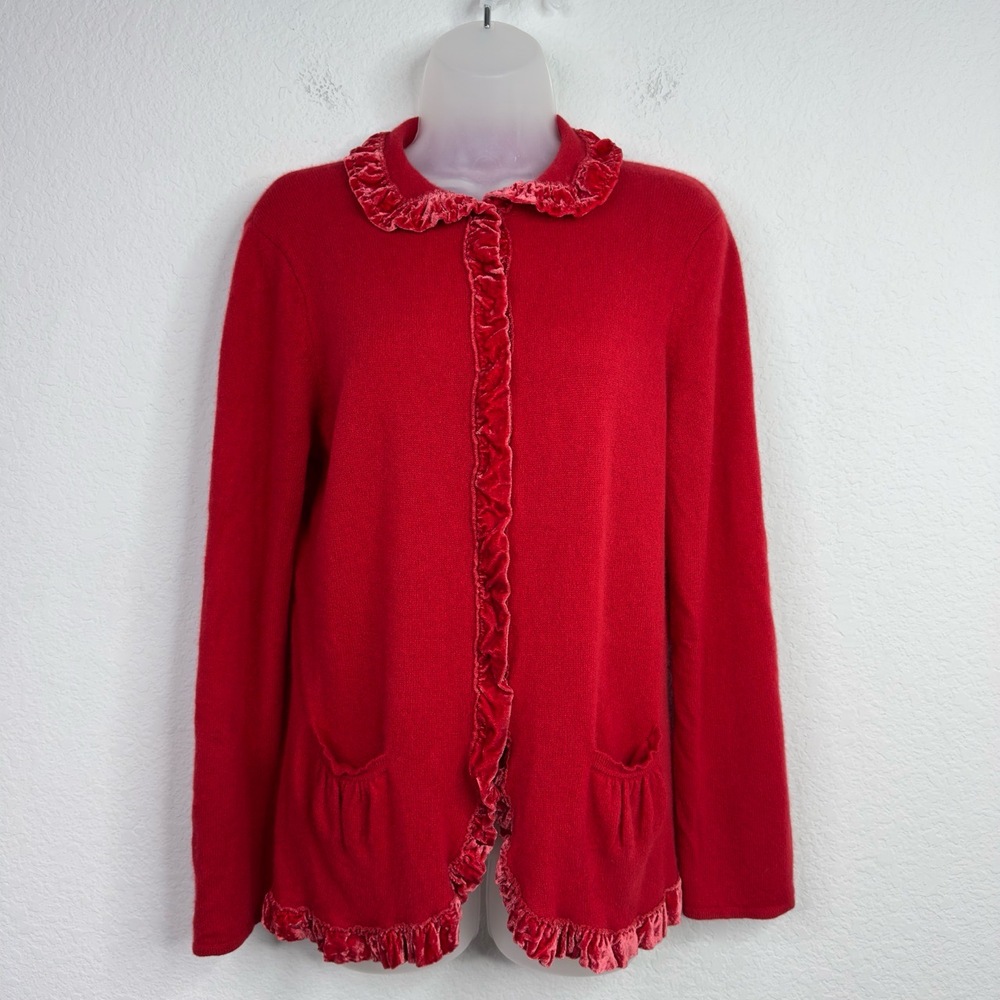Magaschoni Sweater Womens L Red‎ Cashmere Ruffle Hem Romantic Preppy Cardigan